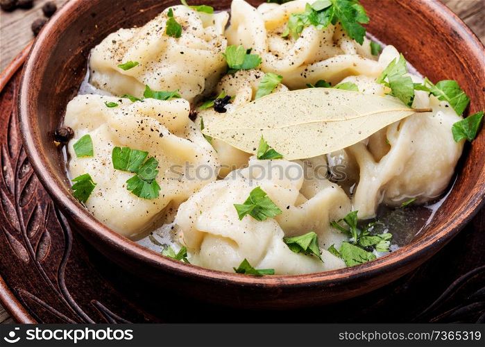 Delicious dumplings in the bowl on the table.Gyoza with pork meat. Dumplings on a plate