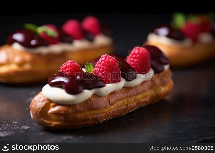 Delicious eclairs with berries and creamy filling. Traditional French pastry dessert. Generative AI. Eclairs with berries and creamy filling. Traditional French pastry dessert