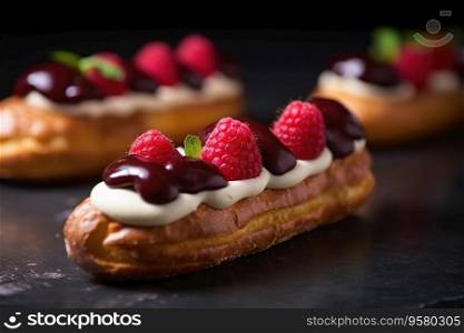 Delicious eclairs with berries and creamy filling. Traditional French pastry dessert. Generative AI. Eclairs with berries and creamy filling. Traditional French pastry dessert
