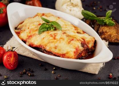Delicious eggplant lasagna in baking dish