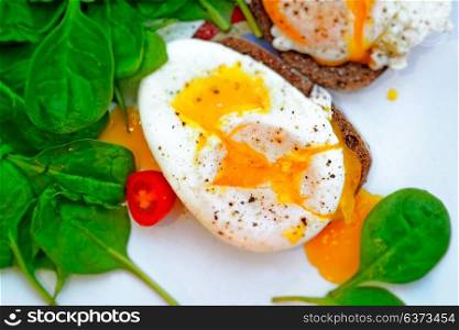 Delicious eggs Benedict on the sandwich with spinach and cherry tomato on the white plate, tasty organic nutrition, healthy food concept