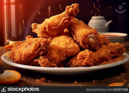 Delicious Fast Food Crispy Fried Chicken with Sauce Served on Restaurant Plate for Breakfast