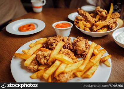 Delicious french fries with tasty chicken and sweet sauces
