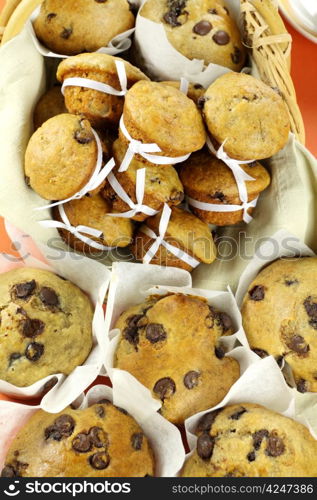 Delicious fresh baked homemade cafe style and mini choc chip muffins.