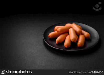 Delicious fresh boiled sausages with salt, spices and herbs on a dark concrete background