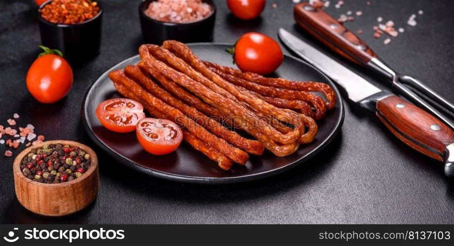 Delicious fresh bright smoked hot sausages with cherry tomatoes on a dark concrete table. Smoked hunting sausages on a black stone background. Top view. Free copy space