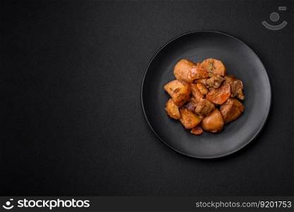 Delicious fresh cooked stew with pork meat or beef with potatoes, carrots, spices and herbs on a dark concrete background