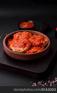 Delicious fresh cutlets or meatballs with spices, herbs and tomato sauce on a dark concrete background