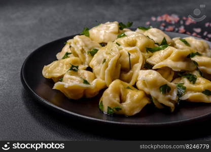 Delicious fresh dumplings with turkey meat, with spices and herbs, parsley on a black plate against a dark concrete background. Delicious fresh dumplings with turkey meat, with spices and herbs