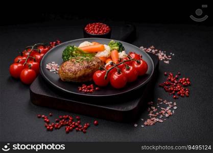 Delicious fresh fried minced fish cutlets with spices and herbs on a dark concrete background