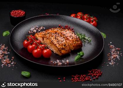 Delicious fresh grilled red fish with salt, spices and herbs on a dark concrete background