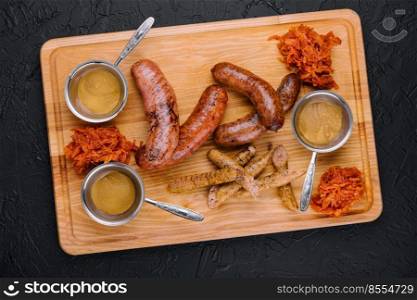 Delicious fresh grilled sausages on wooden table