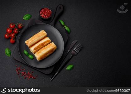 Delicious fresh homemade fried pancakes with broccoli and meat or fish with salt and spices on a dark concrete background