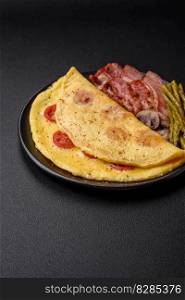Delicious fresh omelet with cherry tomatoes, bacon, asparagus and spices on a dark concrete background