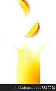 Delicious fresh orange juice on white