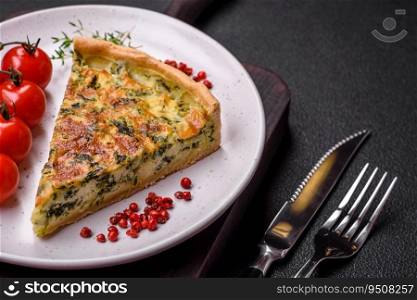Delicious fresh quiche with broccoli, cheese, spices and herbs cut into pieces on a dark concrete background