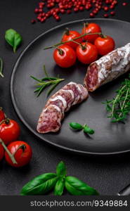 Delicious fresh smoked fuet sausage with salt, spices and herbs on a dark concrete background