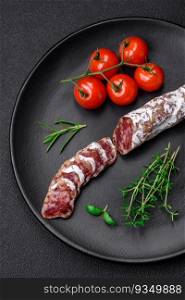 Delicious fresh smoked fuet sausage with salt, spices and herbs on a dark concrete background