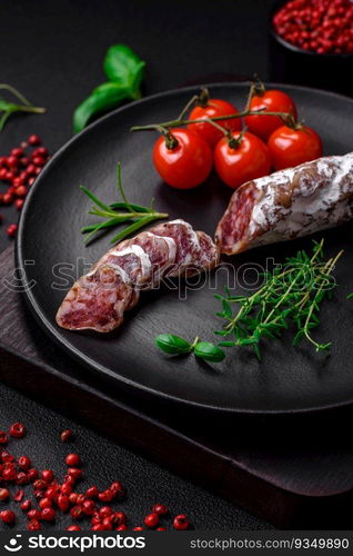 Delicious fresh smoked fuet sausage with salt, spices and herbs on a dark concrete background