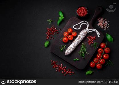 Delicious fresh smoked fuet sausage with salt, spices and herbs on a dark concrete background