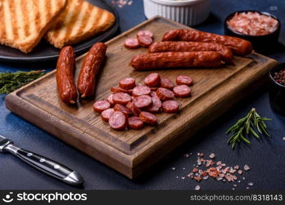 Delicious fresh smoked sausages cut with slices on a wooden cutting board against a dark concrete background. Delicious fresh smoked sausages cut with slices on a wooden cutting board