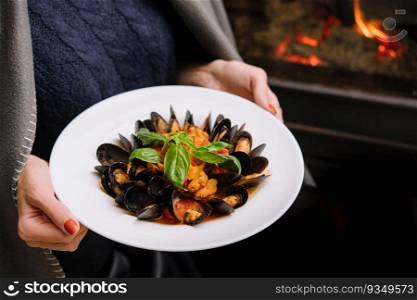 Delicious fresh steamed mussels in white wine sauce in a white plate