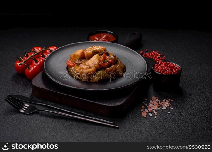 Delicious fresh stew of potatoes, tomatoes, onions, carrots and beef meat with salt, spices and herbs on a dark concrete background