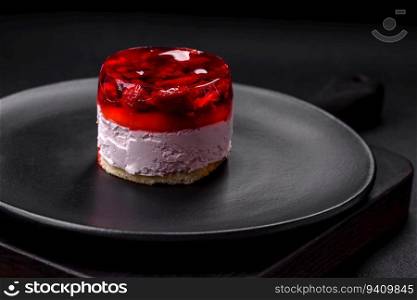 Delicious fresh sweet cheesecake cake with berries and red color jelly on a dark concrete background