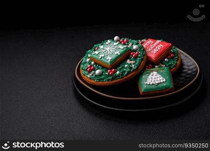 Delicious fresh sweet Christmas gingerbread with festive ornaments on a ceramic plate on a dark concrete background