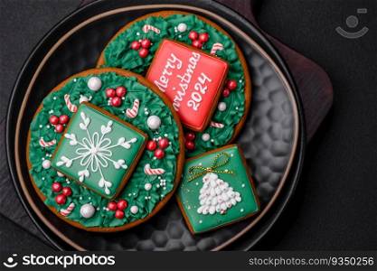 Delicious fresh sweet Christmas gingerbread with festive ornaments on a ceramic plate on a dark concrete background