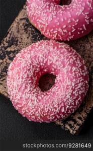 Delicious fresh sweet donuts in pink glaze with strawberry filling on a dark concrete background