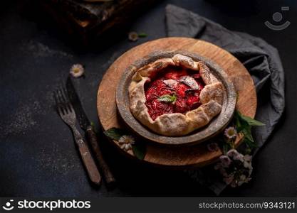 Delicious fresh sweet homemade rustic style strawberry tart with wild flowers on dark textured background