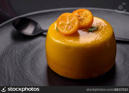 Delicious fresh tartlet with citrus filling and decorated with passion fruit on a black plate