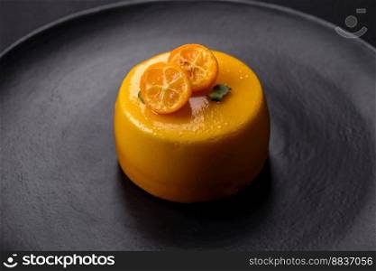 Delicious fresh tartlet with citrus filling and decorated with passion fruit on a black plate