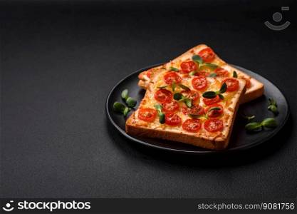 Delicious fresh toast or bruschetta with tomatoes, cheese, herbs, salt and spices on a dark concrete background