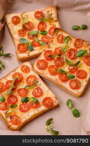 Delicious fresh toast or bruschetta with tomatoes, cheese, herbs, salt and spices on a dark concrete background