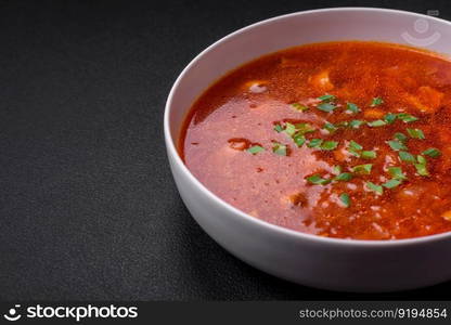 Delicious fresh Ukrainian borscht with beets, carrots and cabbage. Vegetarian dish