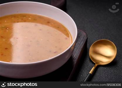 Delicious fresh vegetable soup with carrots, peppers, potatoes and onions in a white ceramic plate on a dark concrete background