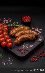 Delicious fried grilled sausages with salt, spices and herbs on a dark concrete background