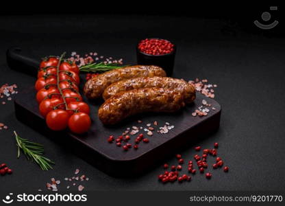 Delicious fried grilled sausages with salt, spices and herbs on a dark concrete background