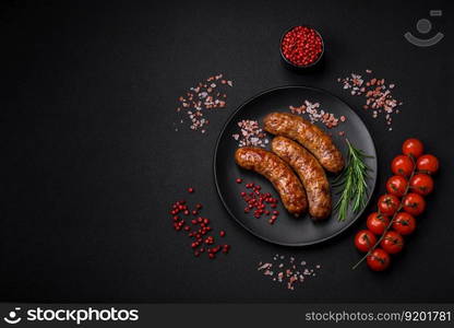 Delicious fried grilled sausages with salt, spices and herbs on a dark concrete background