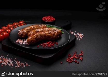 Delicious fried grilled sausages with salt, spices and herbs on a dark concrete background