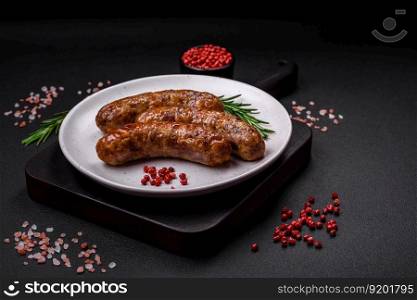 Delicious fried grilled sausages with salt, spices and herbs on a dark concrete background