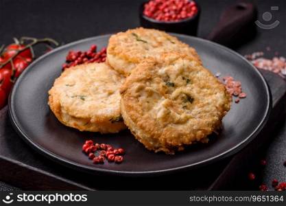 Delicious fried minced fish cutlets or meatballs with salt, spices and herbs on a dark concrete background