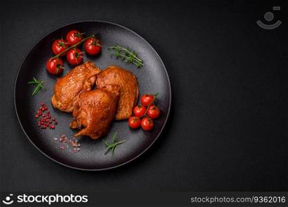 Delicious fried or smoked chicken thighs grilled with spices and herbs on a dark concrete background
