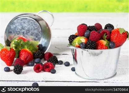Delicious fruit and wild strawberries collected in a basket