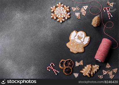 Delicious gingerbread cookies with honey, ginger and cinnamon. Winter composition. Delicious gingerbread cookies with honey, ginger and cinnamon