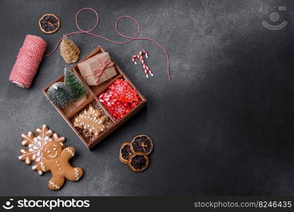 Delicious gingerbread cookies with honey, ginger and cinnamon. Winter composition. Delicious gingerbread cookies with honey, ginger and cinnamon