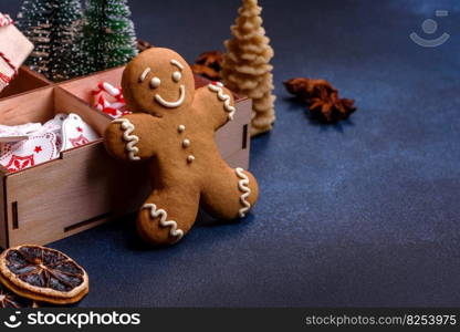 Delicious gingerbread cookies with honey, ginger and cinnamon. Winter composition. Delicious gingerbread cookies with honey, ginger and cinnamon