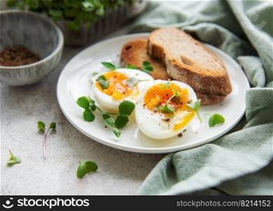 Delicious gourmet Breakfast. Rye bread  with boiled egg,  freshly ground pepper and microgreens. Healthy food. 